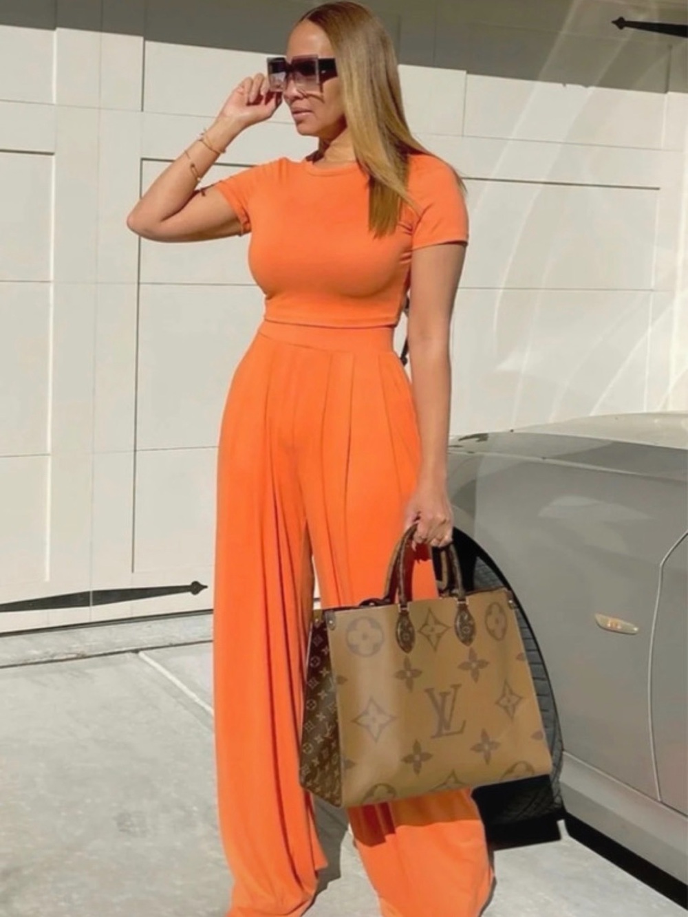 Bright Orange Wide-Leg with Short Sleeve Two Piece